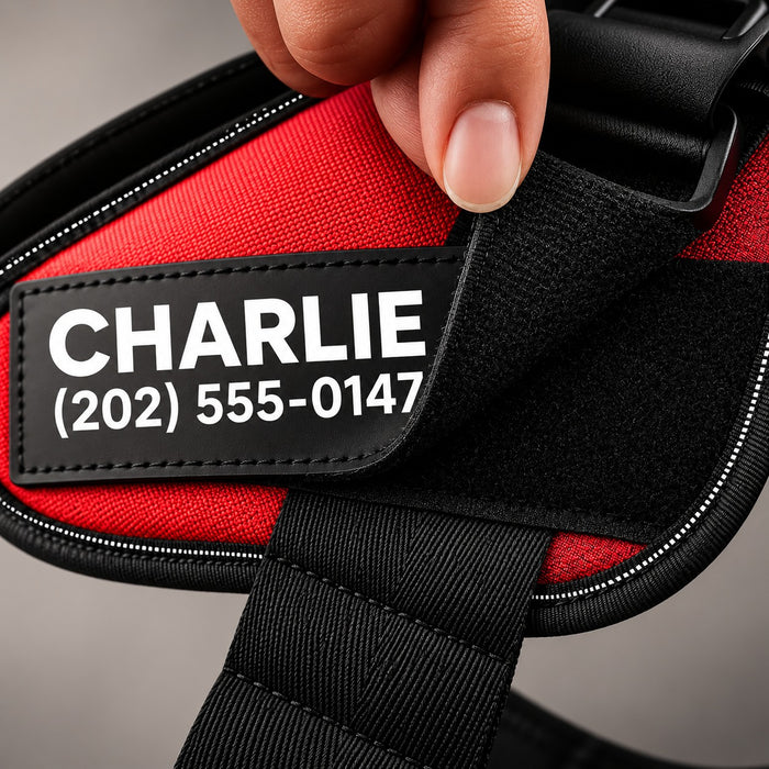 The personalised name patch lifting from its hook-and-loop fastening