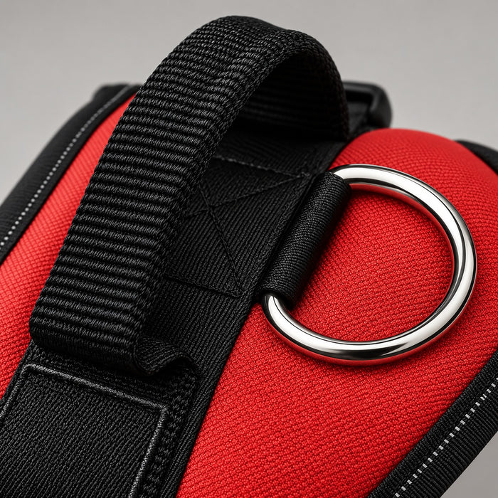 Close-up of the metal leash ring and stitched webbing