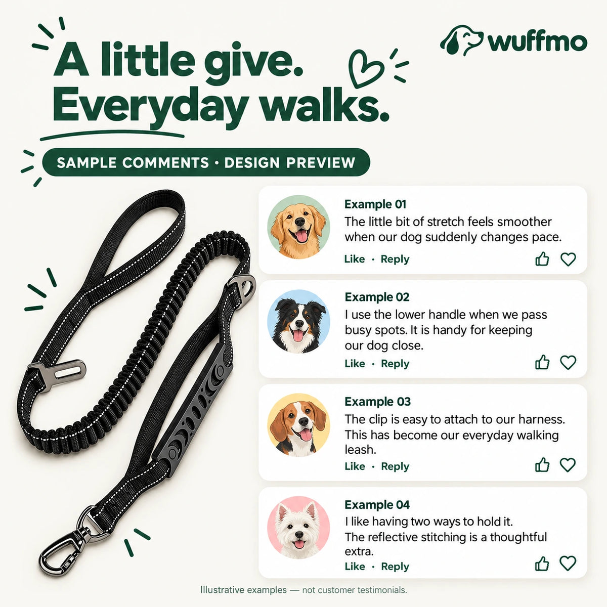 Wuffmo Bungee Leash comment-style layout with clearly labeled sample review copy 