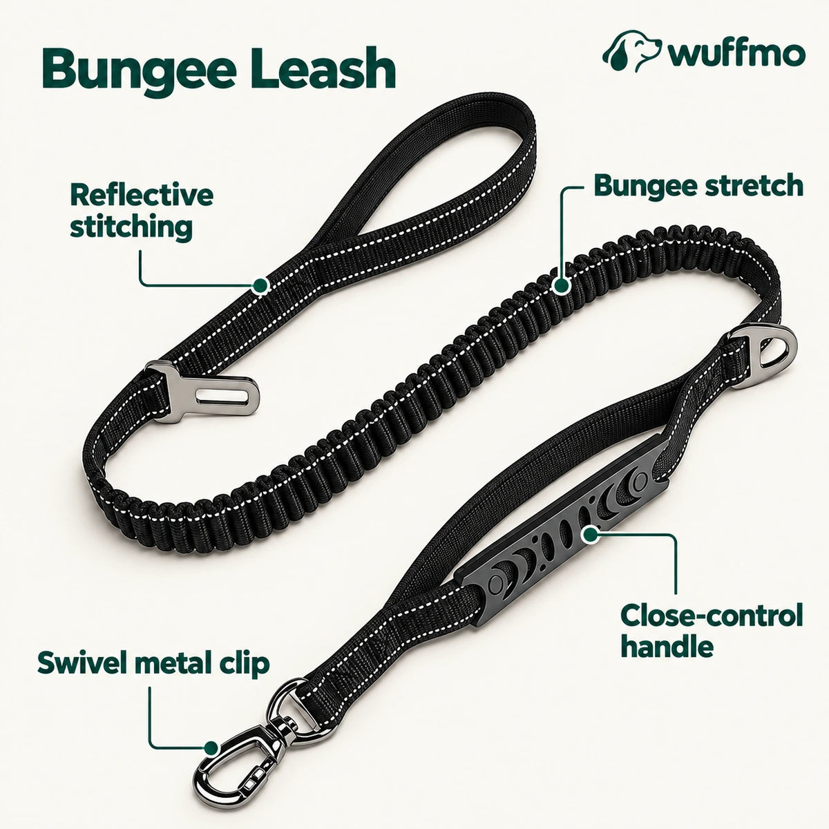 Bungee leash features: elastic stretch, reflective stitching, close-control handle and swivel clip 
