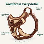 Forma Support Harness features: soft padded chest, adjustable fit, front and back clips, and easy-grab handle 