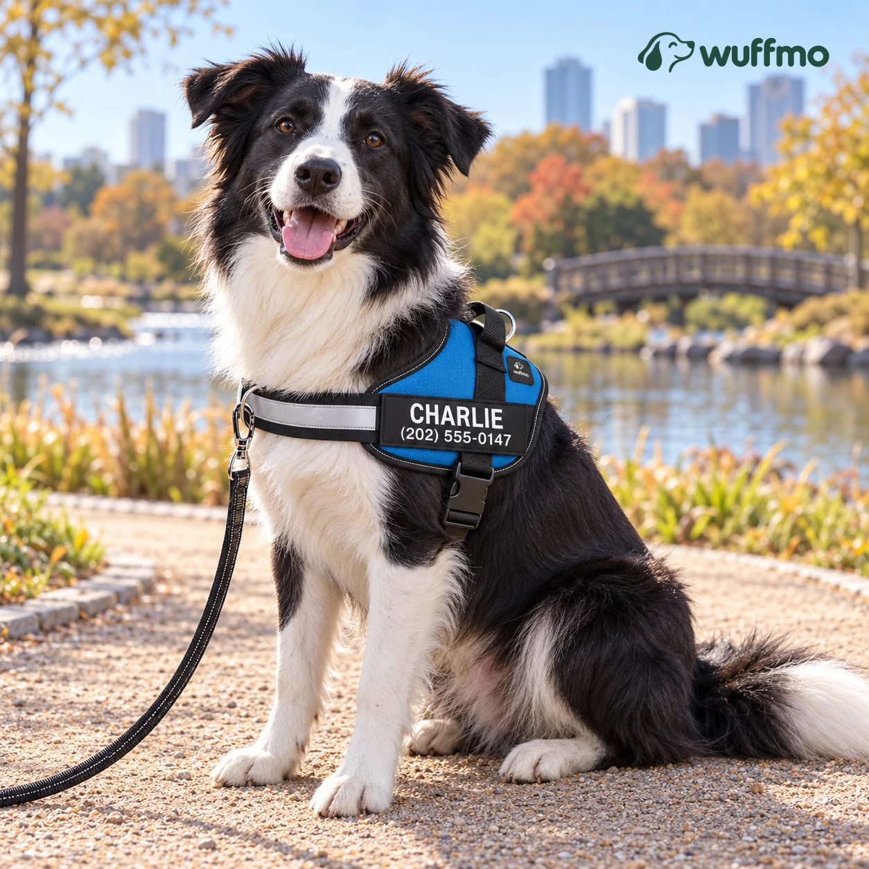 Border Collie wearing a blue personalized Wuffmo harness beside a lake