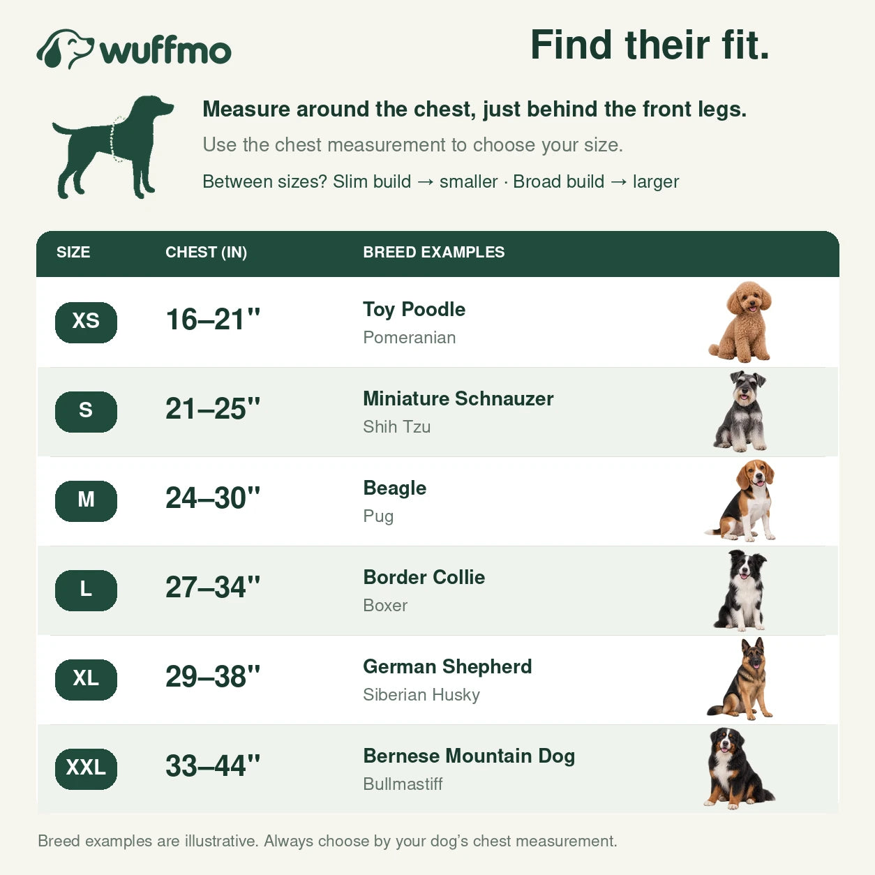 Wuffmo size chart: XS 16 to 21 inches; S 21 to 25; M 24 to 30; L 27 to 34; XL 29 to 38; XXL 33 to 44